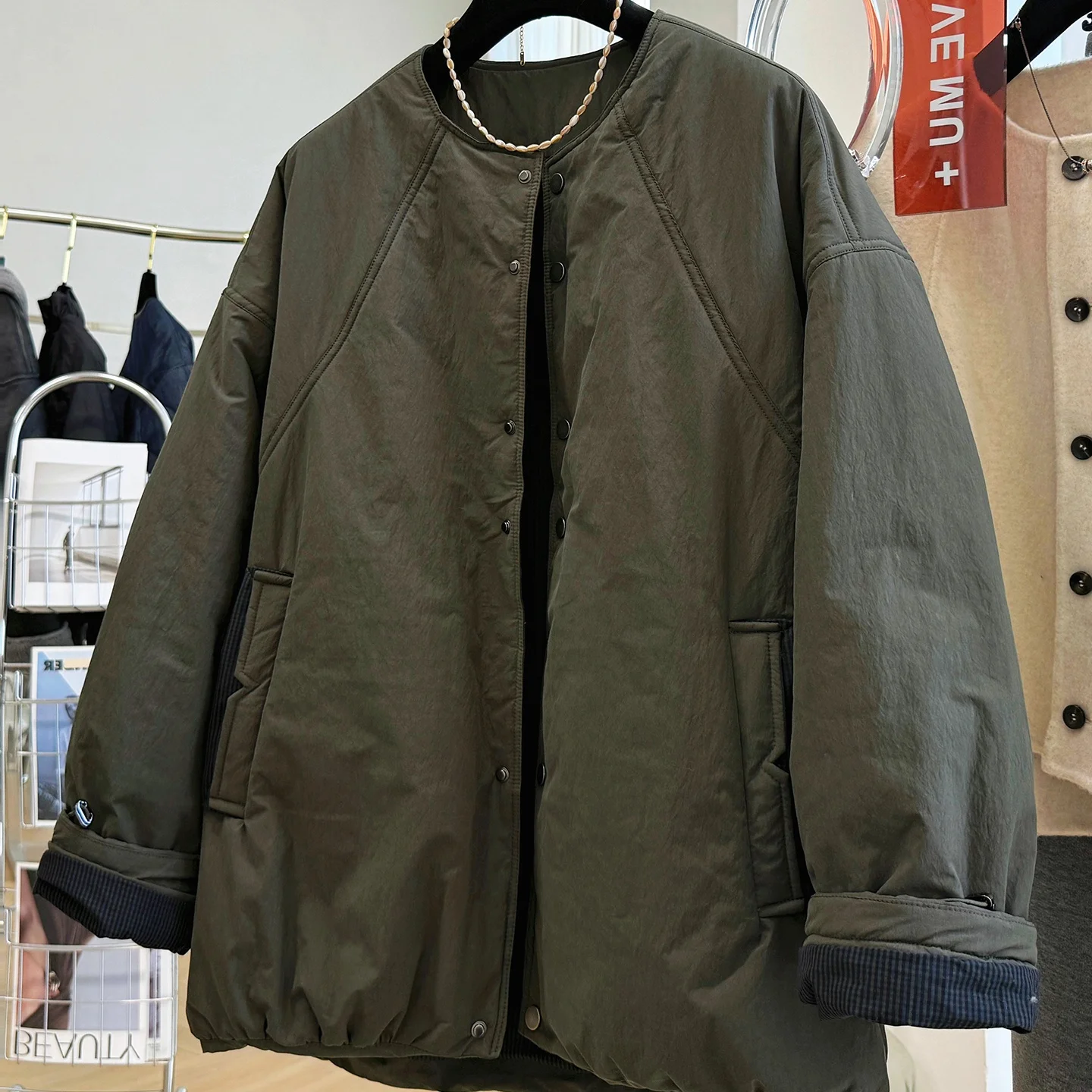 

Retro American Military een Patchwork round Ne Cotton Jaet Lightweight Slimming Men Women Autumn Winter Cotton Coat