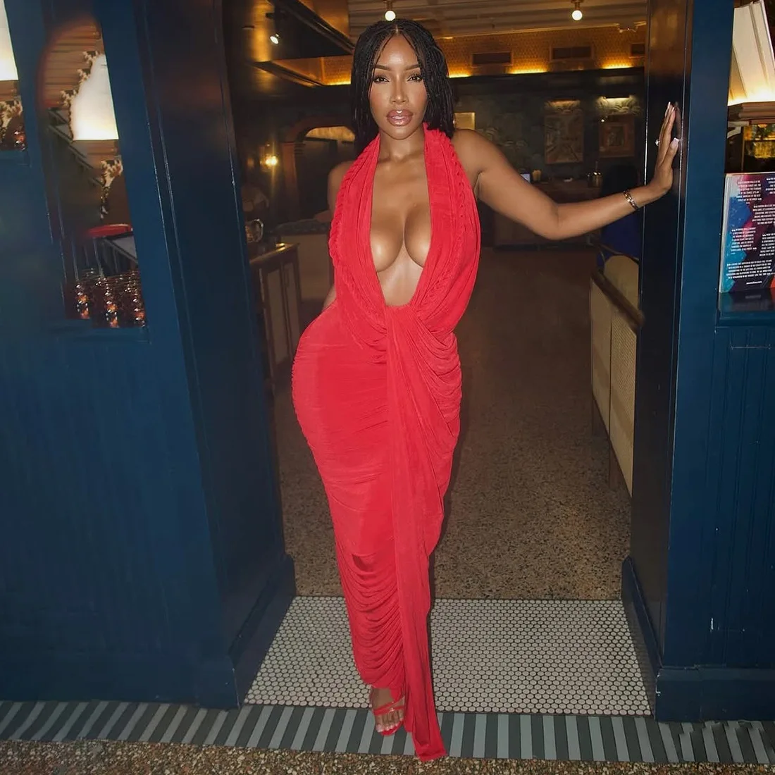 

STYLISH LADY Sexy Red Halter Ruched Draped Maxi Dress 2026 Women Deep V Neck Sleeveless Backless Elegant Evening Party Dress