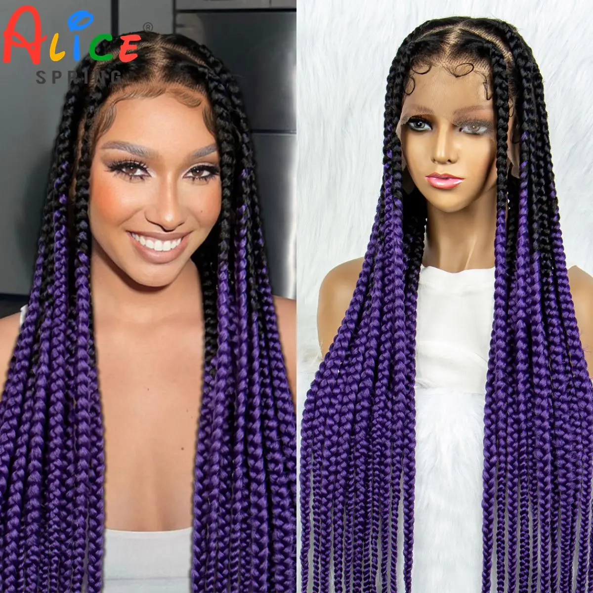 36inch Purple Knotless Box Braided Wigs Synthetic Transparent Full Lace Braids Wig For  Women Braided Lace Wig with Baby Hair