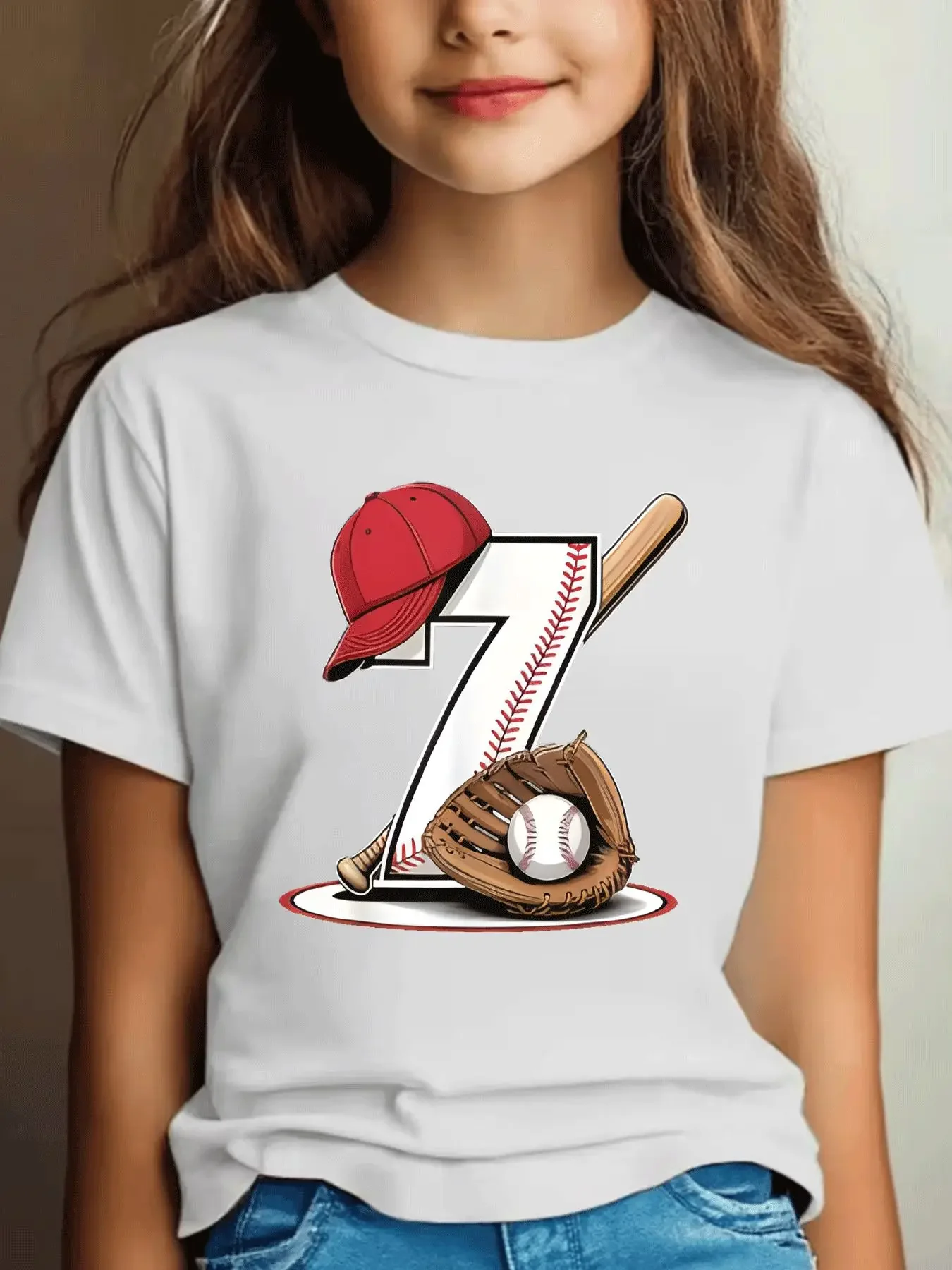 Youth Short Sleeve Tee Baseball Cap Bat Glove Number Seven Art Print Crew Neck Boys Girls Birthday Casual Wear Top