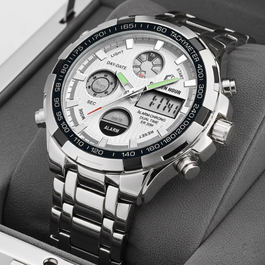 

GOLDENHOUR Luxury Men's Watch Industrial Sport Waterproof Digital Analog Dual Display Luminous Quartz Wristwatch Silver Steel