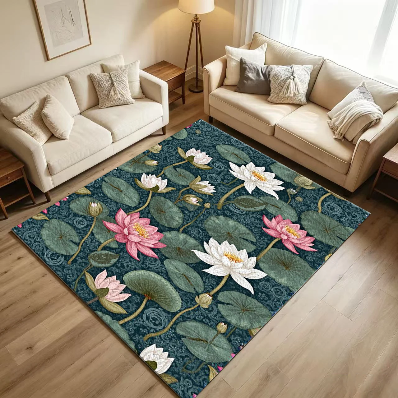 Oriental Vintage Lotus Flower Carpet Flooring Dark Background Pink White Water Lily Pond Printed Floor Rug for Household Indoor Home Nature Decor