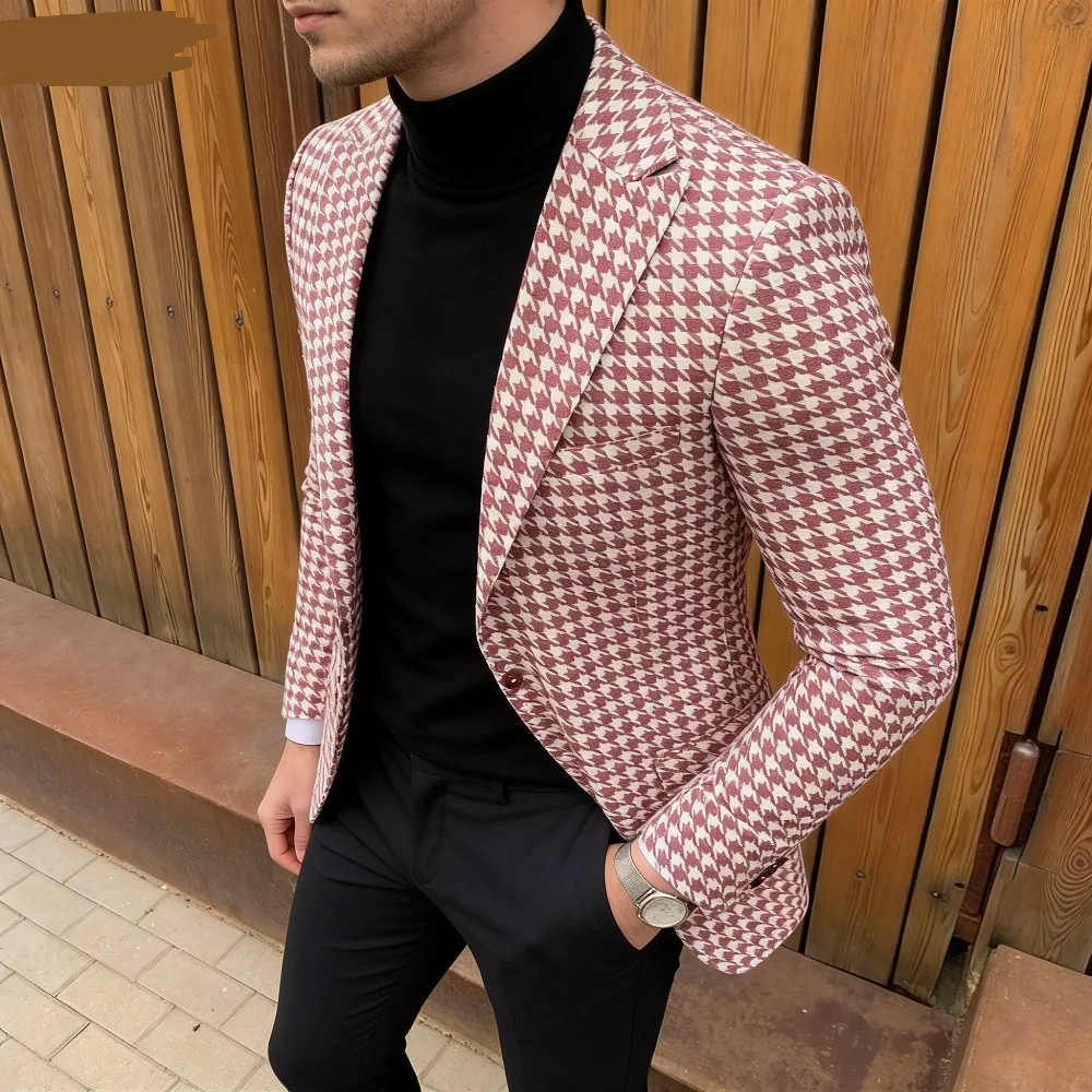 

Мужской шерстяной пиджак с узором «гусиные лапки», приталенный повседневный деловой пиджак с остроконечными лацканами на весну и зиму