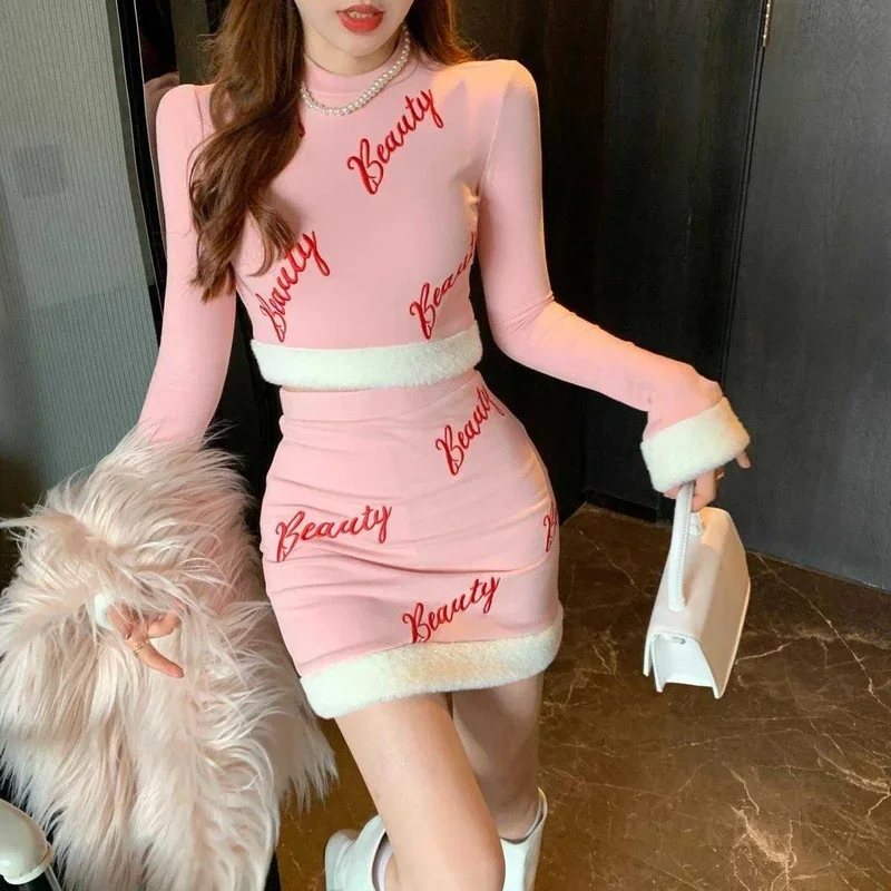 Pink Top Mini Skirt Suit for Women Cute Girl Kawaii Short Plush Stitching Long-Sleeved Bottoming Shirt 90s Aesthetic New