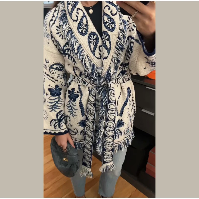 Elegant Knit Jacquard Tassel Belt Cardigan Women Lace Up Lapel Long Sleeve Warm Sweater 2026 Autumn Winter Lady Knitwears New 25 S9fd7a9abeca8408eb707c7cc90bf1a65m