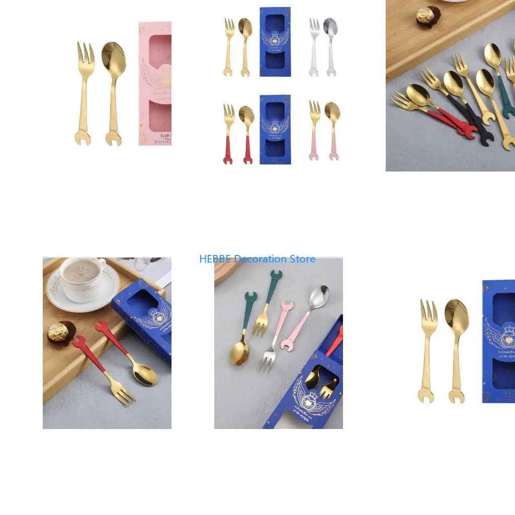 B0KC Rusts Resistant Stainless Steel Dessert Tool Dishwasher Safe Wrench Designs Spoon and Fruit Fork Combo Utensils