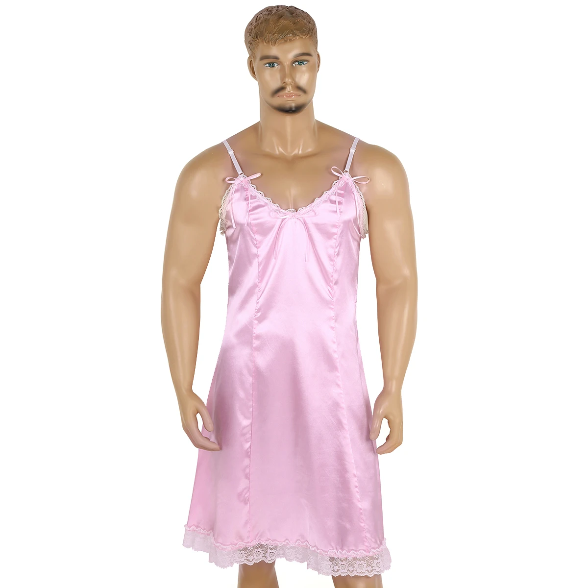 Meleg mens Kislány ruhát Apaállat crossdress Szatén csipkével Affektálva Fehérnemű ruhát Egzotikus sexi homme Pink Alsónemű nightwear