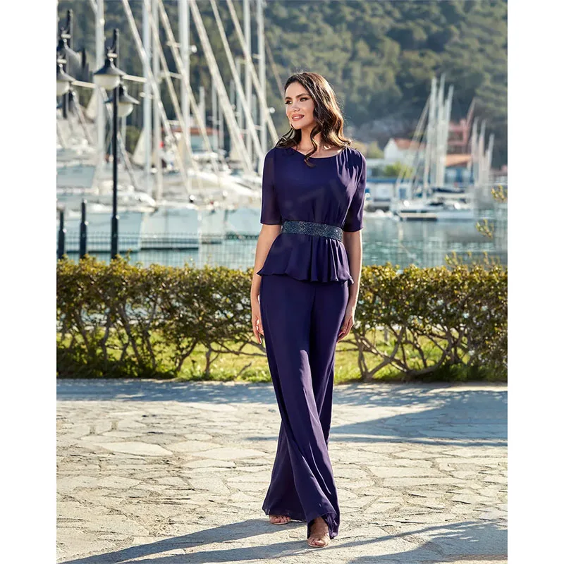 Customized Elegant Royal Blue Mother Of The Bride Dresses Chiffon Half Sleeve Sequins Belt Floor-Length Evening Gowns 2026
