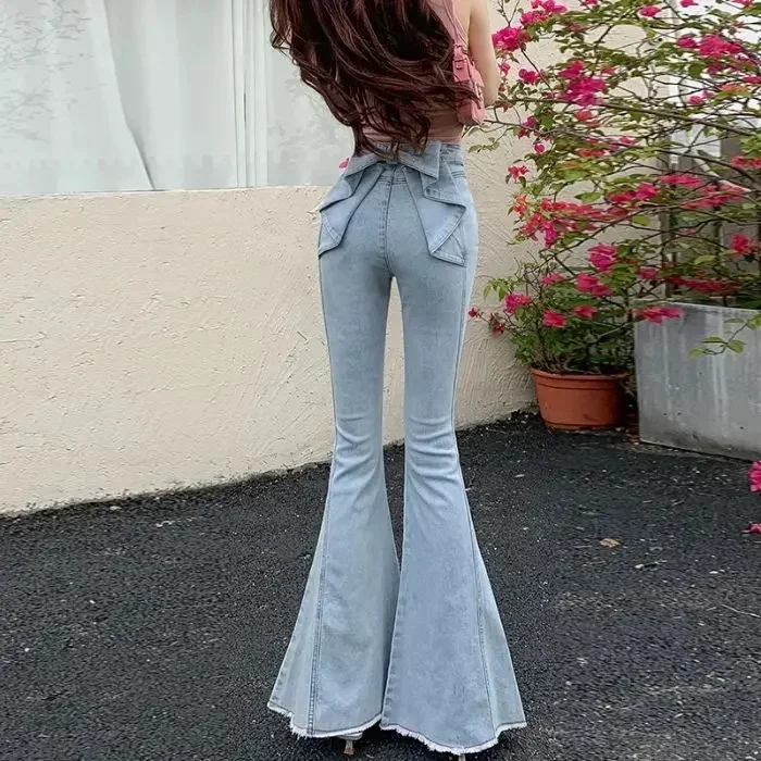 ผู้หญิงสูงเอว Y2k 3D ผีเสื้อ Vintage กางเกงยีนส์ฤดูใบไม้ผลิฤดูร้อน Streetwear Casual Denim กางเกงแฟชั่น Slim Flared กางเกง