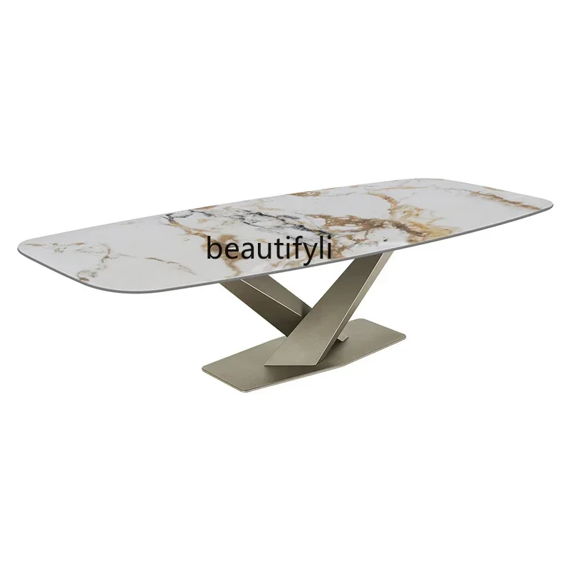 

Italian Light Luxury Rectangular Rock Slab Dining Table And Chair Combination Simple Modern Marble Dining Table