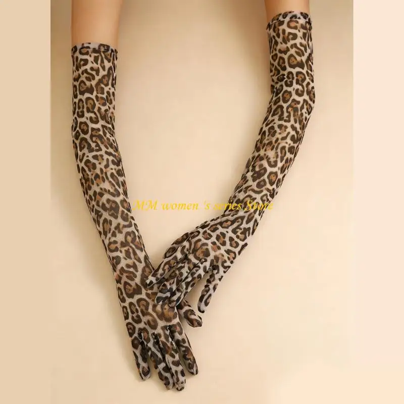 Q39C Luxurious Full Arm Gloves With Leopard Pattern Stretchy Long Elbow Gloves For Fashion Statement And Photo Props