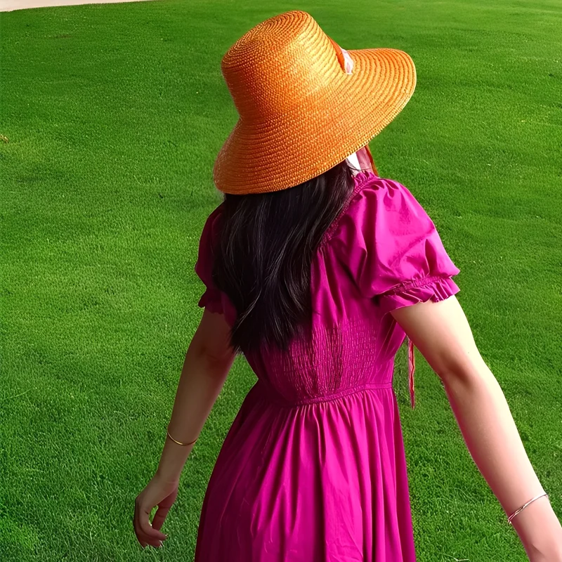 Beach Hat Japanese Everything Orange Straw Hat Female Summer Flat Top Outing Sun Hat Small Fresh Bow Sun Shade Beach Hat