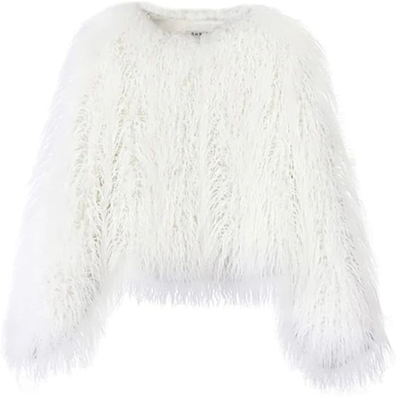 Shaggy Fluffy Faux Fur Coat Solid Color Sweater, Long Sleeve Short Jacket, Women's Fashion Puffy Overcoat Outwear