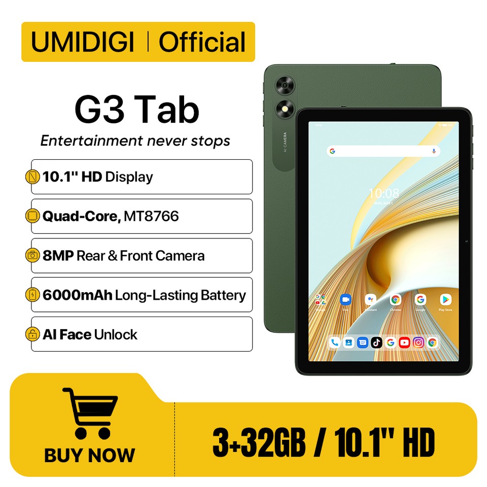  UMIDIGI G3 Tab Android 13 Smart tablet 10.1" HD Display MTK 8766 3GB 32GB Al face unlock 4G LTE SIM 6000mAh Mega Battery 10W