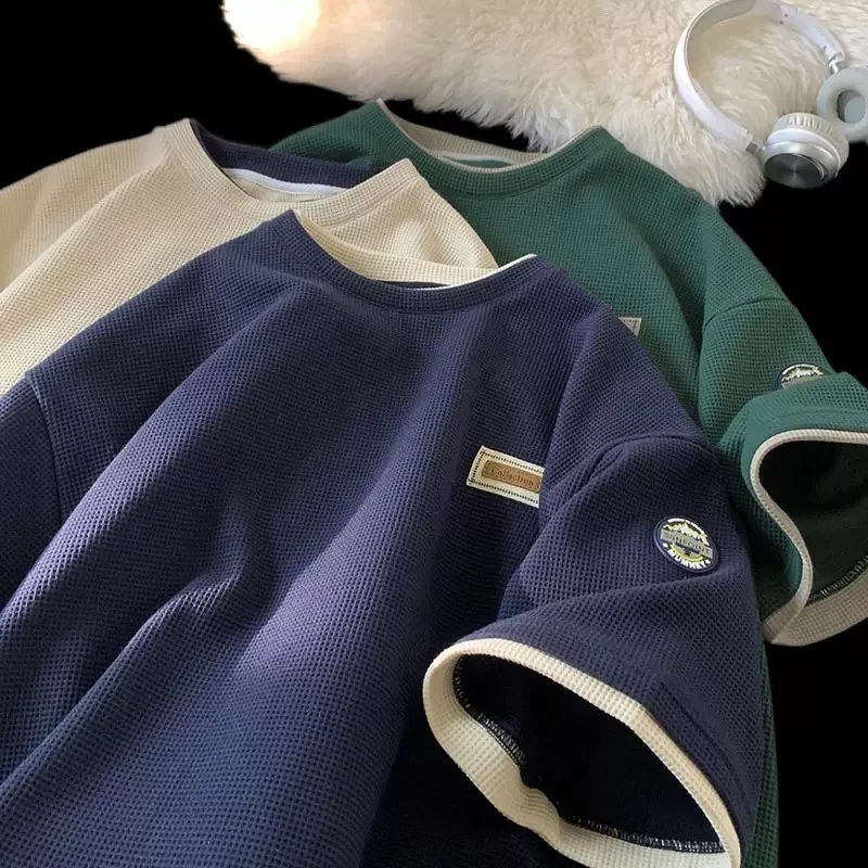 

Summer Fake Two-piece Waffle Short Sleeve T Shirt Men Vintage Appliques Loose T-shirts Couple y2k Streetwear Clothes Hip Hop Tee