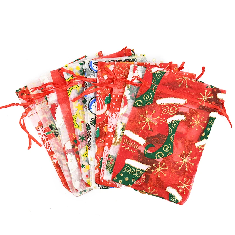 

10/20Pcs 15x10cm Christmas Organza Bag Santa Claus Xmas Tree Printed Candy Gift Bag Jewelry Packing Drawstring Pouches New Year