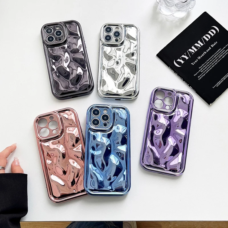 

Glossy 3D Meteorite Texture Plating Silver Phone Case For iPhone 14 13 12 15 Pro Max 11 Camera Protective Metal Color Back Cover