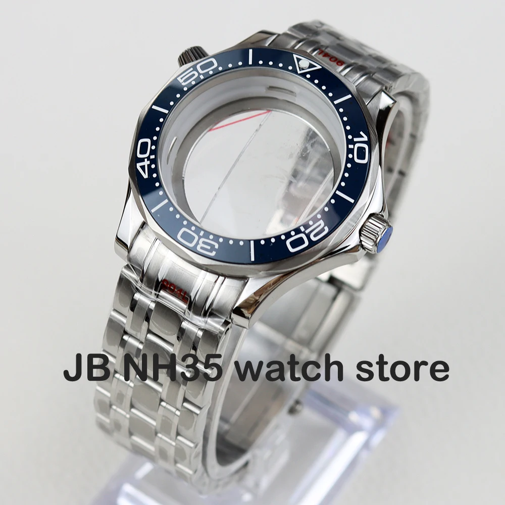 41MM silver nh35 case and strap for seamaster 300 mod nh35 nh36 movement 31mm dial diver watch case Stainless Steel Watch Parts