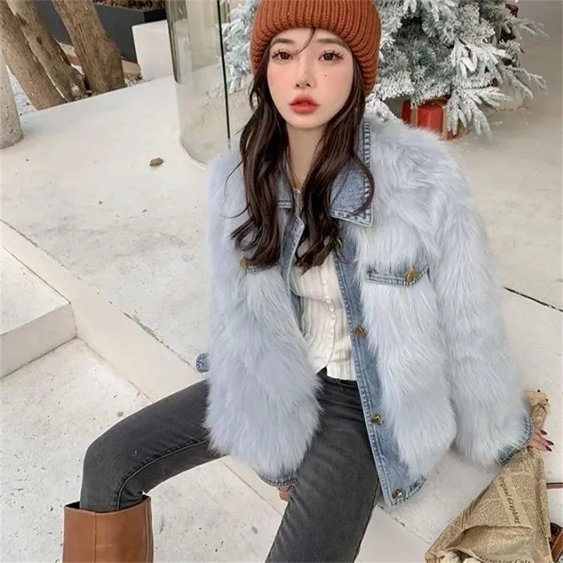 2023 Autumn and Winter New Haining Winter New Fox Fur Denim Splicing Coat Thickened Korean Short Young Hairy Female Solid Color