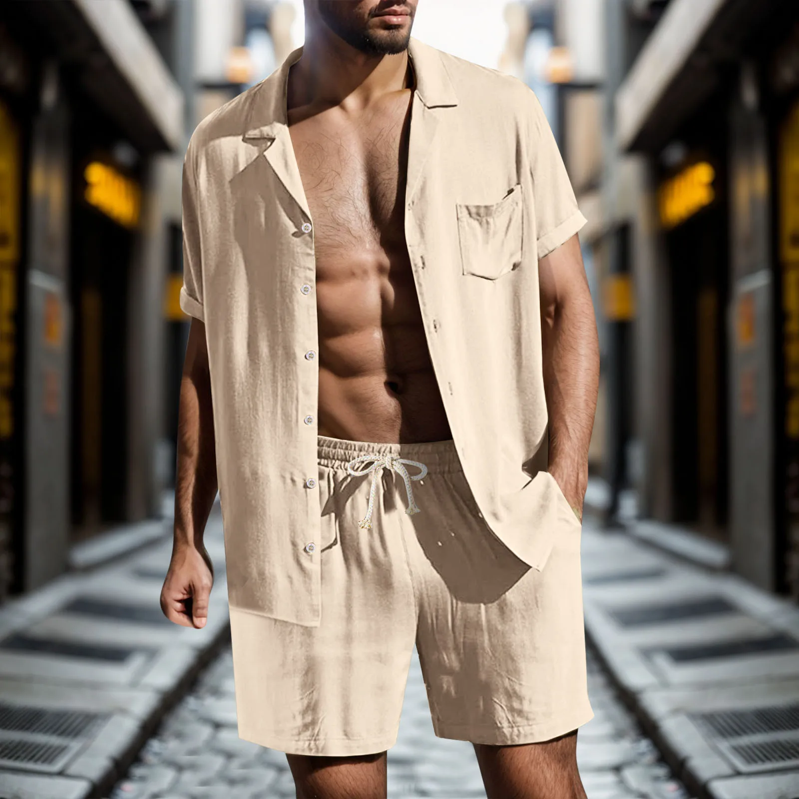 

2024 New style Summer Men's Fashion Beach Suit Outdoor Sports Casual Shirt Solid color Loose Short Sleeve Shorts Beach two-piece