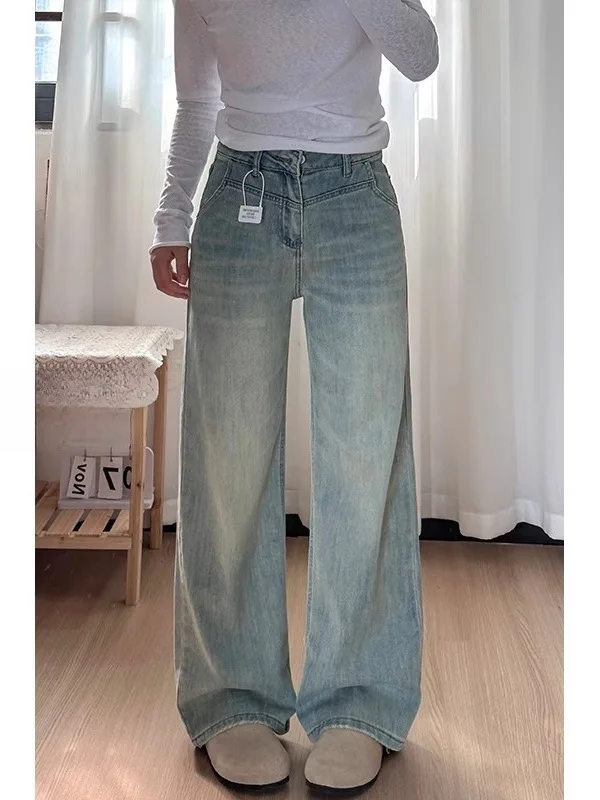 

Light Wash Wide Leg Denim Jeans Women's Loose Fit Straight Leg Pants Draping Sensation Pear Shape plus Size Autumn New Arrival