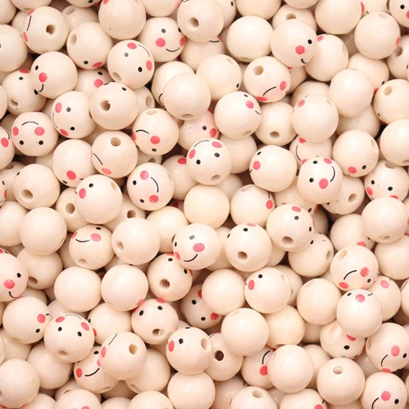 100 Pieces Wood Loose Beads Natural Wood Smiling Face Head Bead