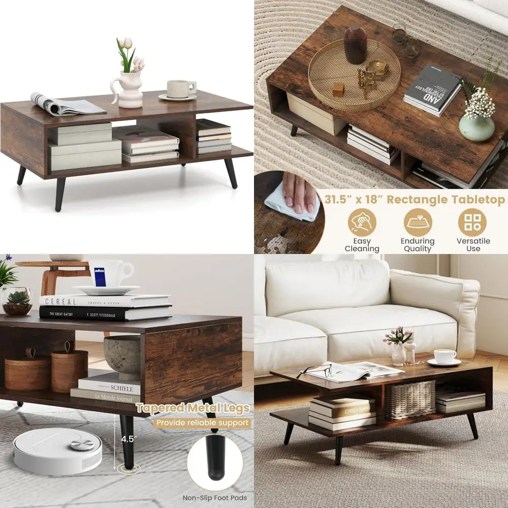 

Mid Century Modern Rectangular Coffee Table with Storage Shelf for Living Room, Open Shelf Center Table