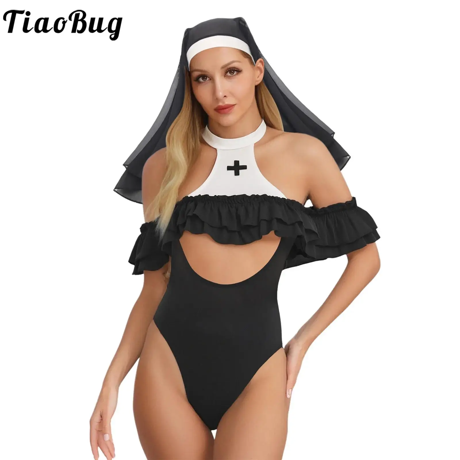 

Women Nun Sister Cosplay Costumes Chest Hollow Out Openable Crotch Bodysuit Pompom Bunny Tail And Veil Lingerie Nightwear
