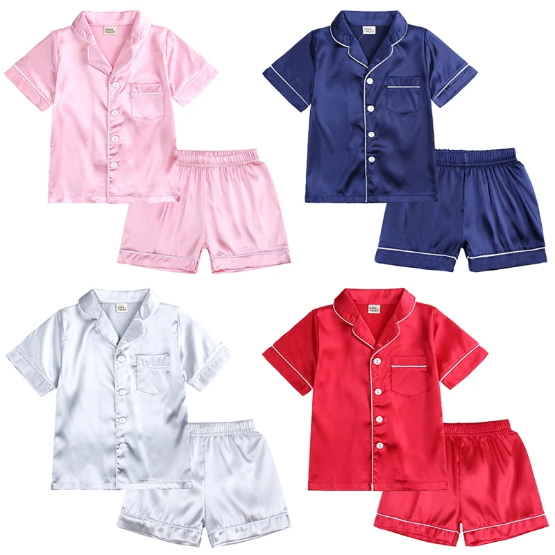 

1-10 Years Boys Girls Silk Satin Pajamas Sets Summer Boys Pyjamas Baby Sleepwear Suits Casual Home Wear Clothes Kids Loungewear