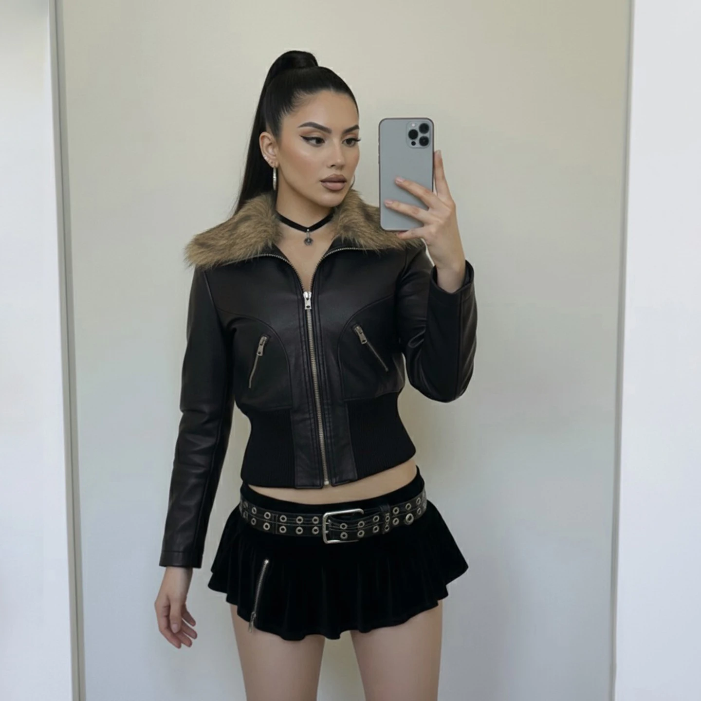Safari Style Pu Leather Jacket With Fur Trim Collar Slim-Fitting Pockets Zip-Up Cropped Coats Women 2025 Autumn Winter Fashion