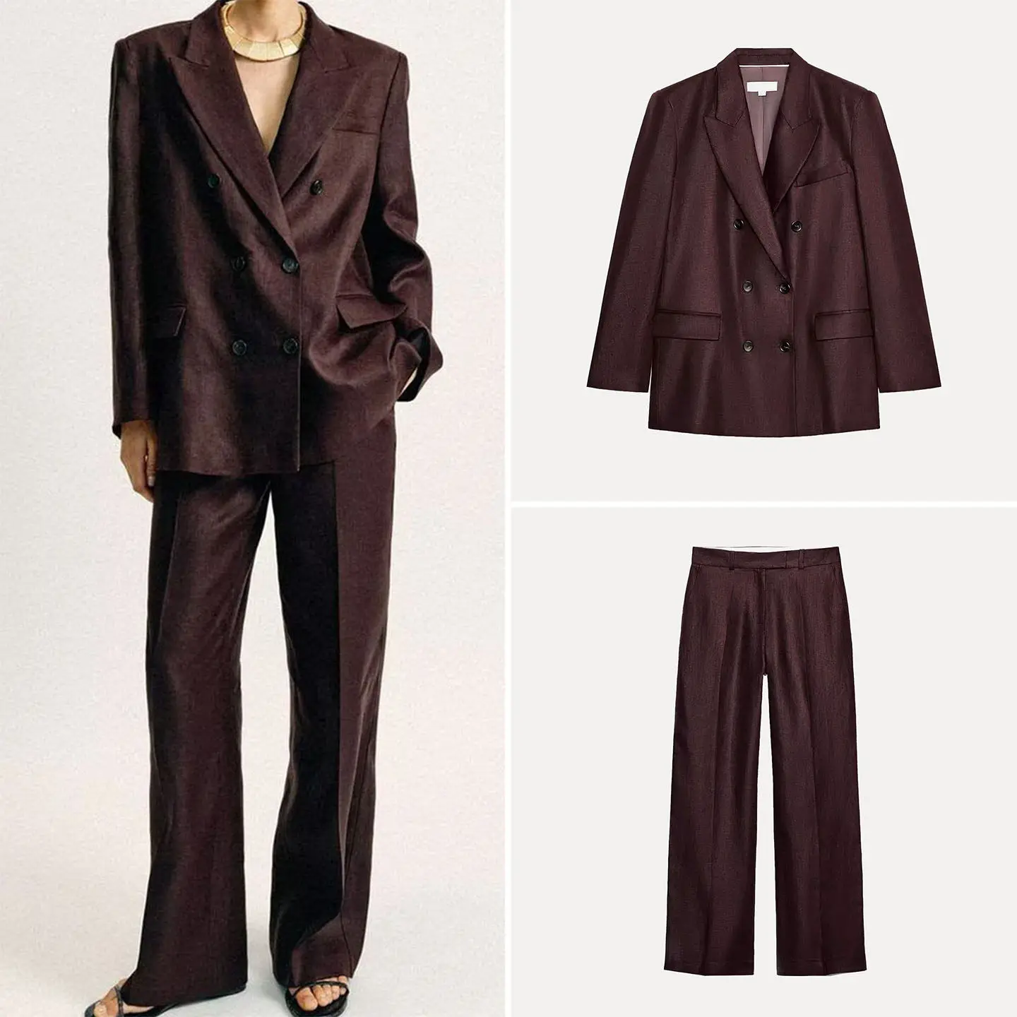 

Shoulder Pad Double-breasted Straight-leg Suit Jacket And Pants Set Women's Fashion Spring Collection Zadata Brand
