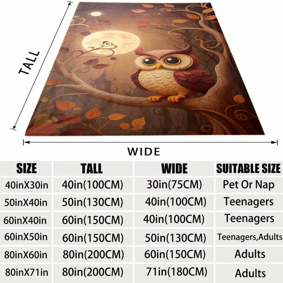 Cute Cartoon Owl Moon Autumn Tree Flannel Blanket Soft Cozy Throw Blanket Fall Leaves Night Scene Print Bed Cover Home Decor