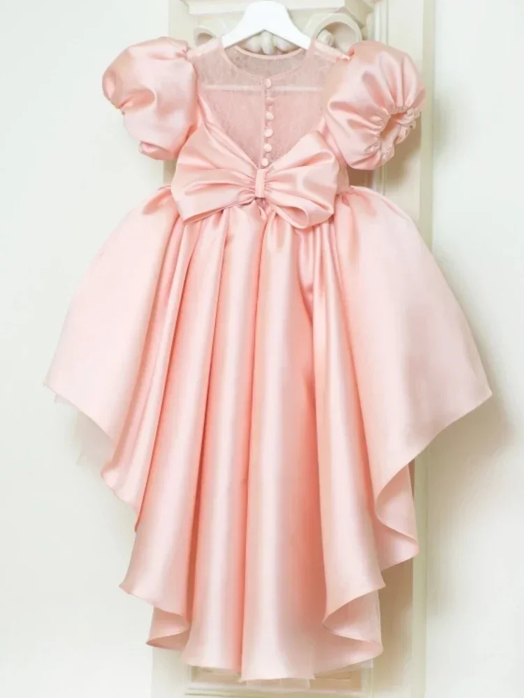 Birthday Banquet Princess Gowns Flower Girl Dresses Pink Satin Tulle Appliques With Bow And Trailing Short Sleeve For Wedding
