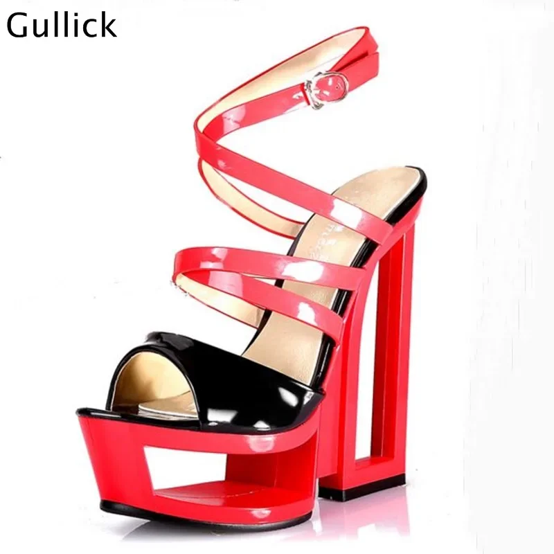 Fretwork Heels Fashion Shoes Green Sandals Woman Platform Heels Cool 16cm Square Heel Cut Outs Ankle Buckles Peep Toe High Heels