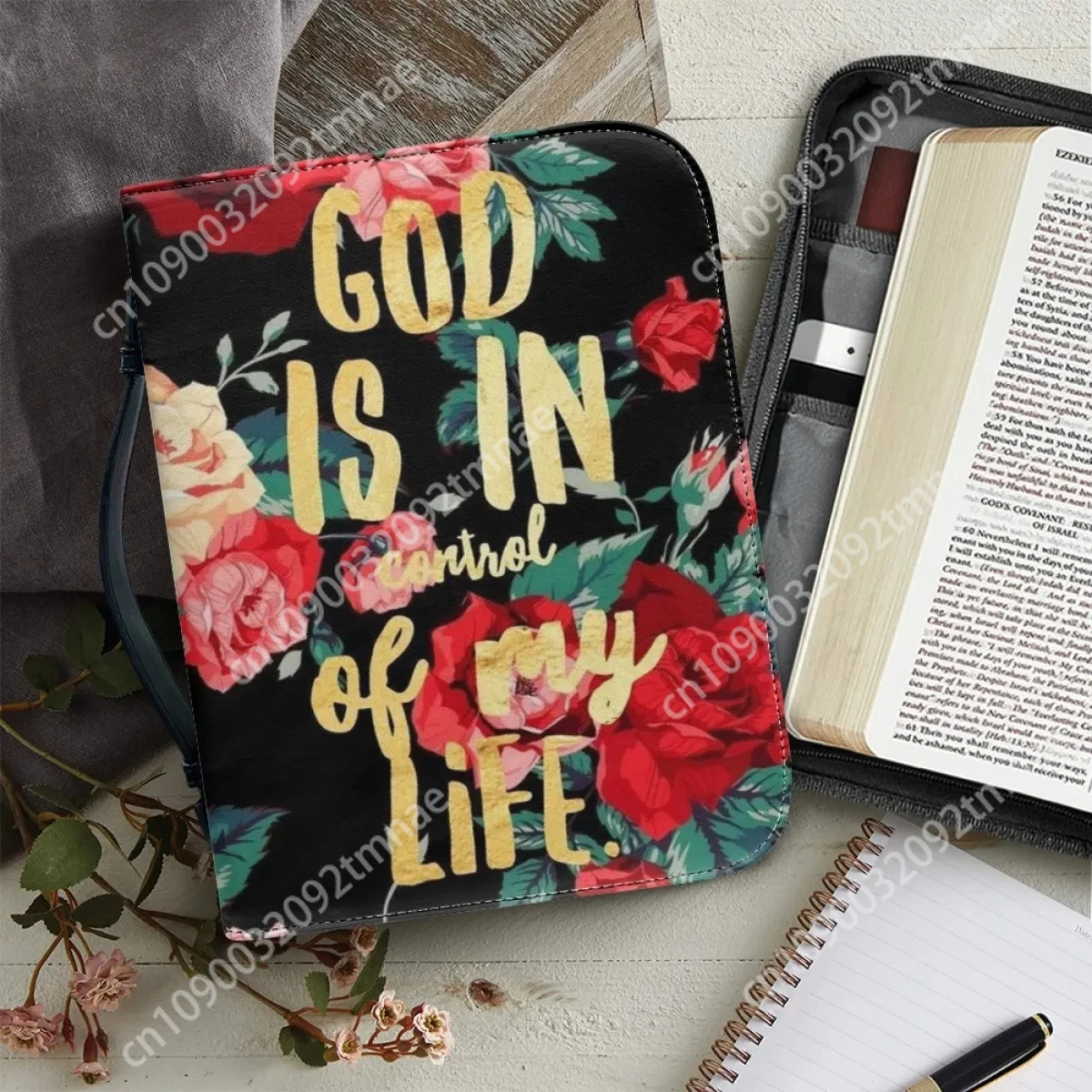 

beautiful flowers Bible Bag for Ladies Handbags Custom Leather Zipper Handle Bible Cover Practical Church Gathering Scripture