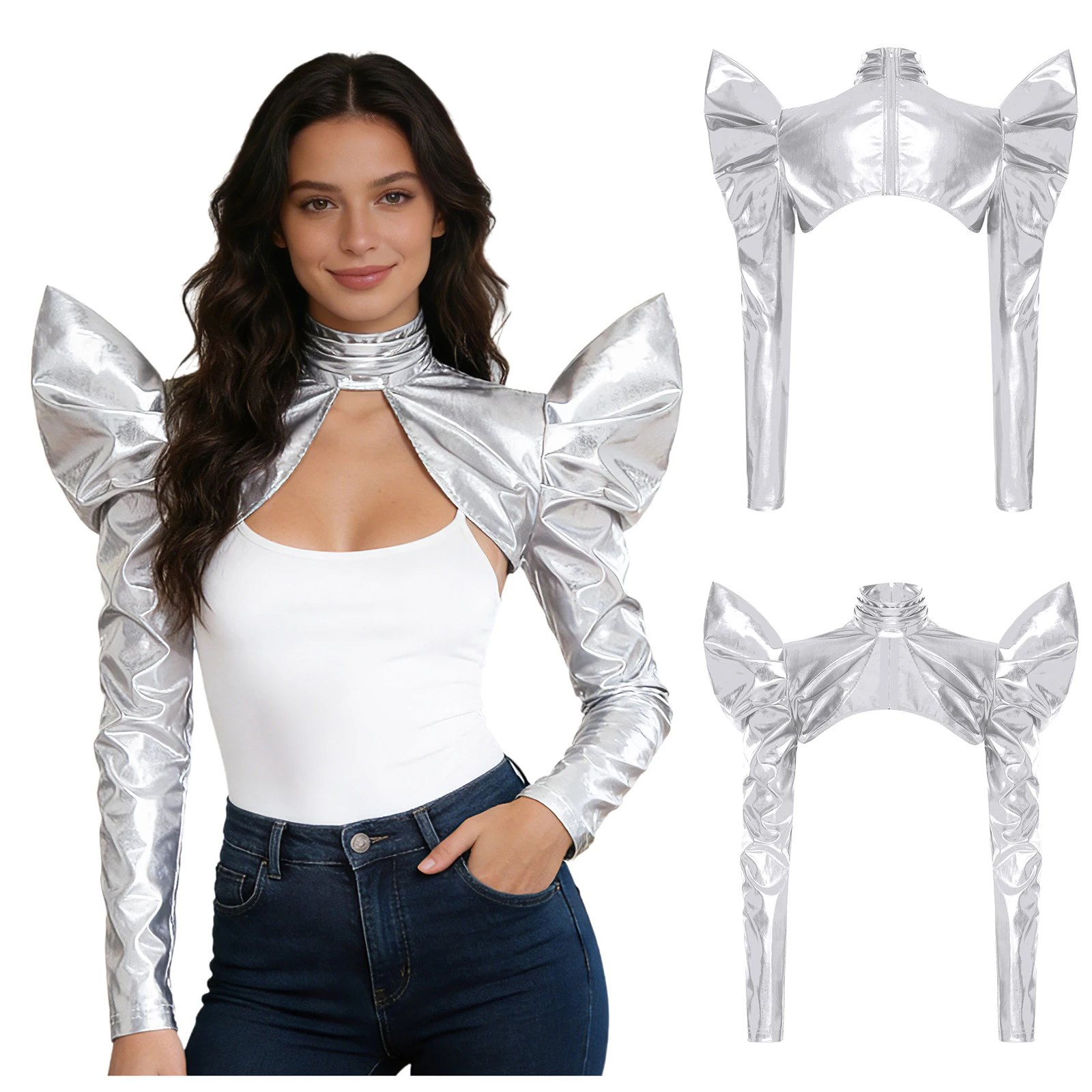 Women Metallic Futuristic Long Sleeve Shoulder Shawls Shirt Turtleneck Open Front Back Zip Cardigan for Halloween Dress-up Party