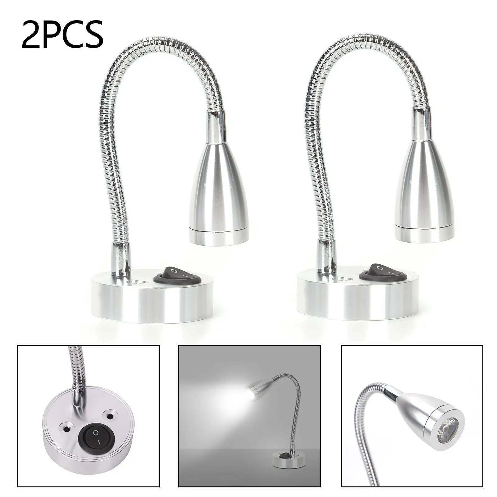 2Pcs 12V LED 3W LED Spot Reading Light Switch Universal Hose Bedside Spotlight Camper Van For Caravan Boat Motorhome Lights