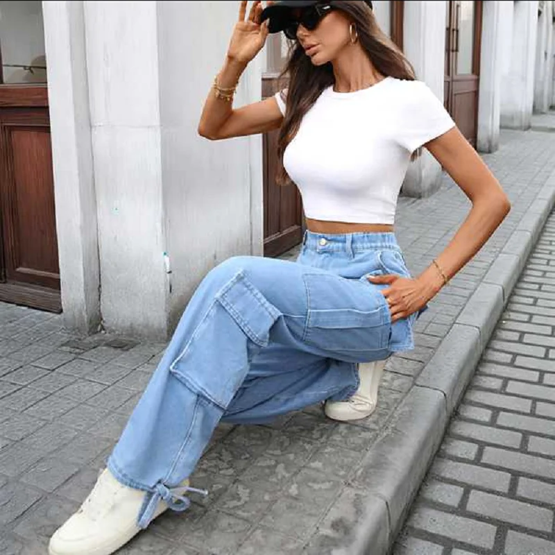 Ladies' Autumn Washed Jeans European And American Fashion Cargo Pants High-Waisted Multi-Pocket Female Casual Long Pants Y2K