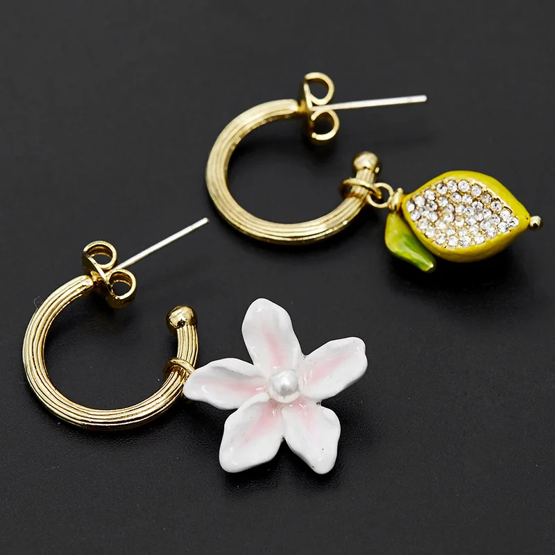 Cute Enamel Glaze Yellow Lemon Fruit White Flower Freshwater Pearl Rhinestone Crystal Statement Dangle Earrings for Kids Women