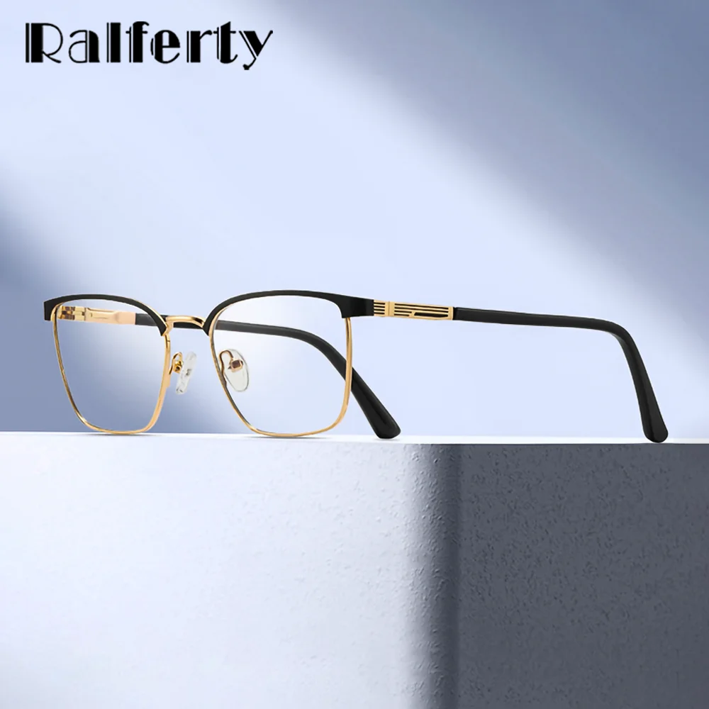 

Ralferty Business Eyeglasses Frame For Man Square Metal Glasses Men Blue Light Blocking Optical Zero Clear Lenses Spring Hinge