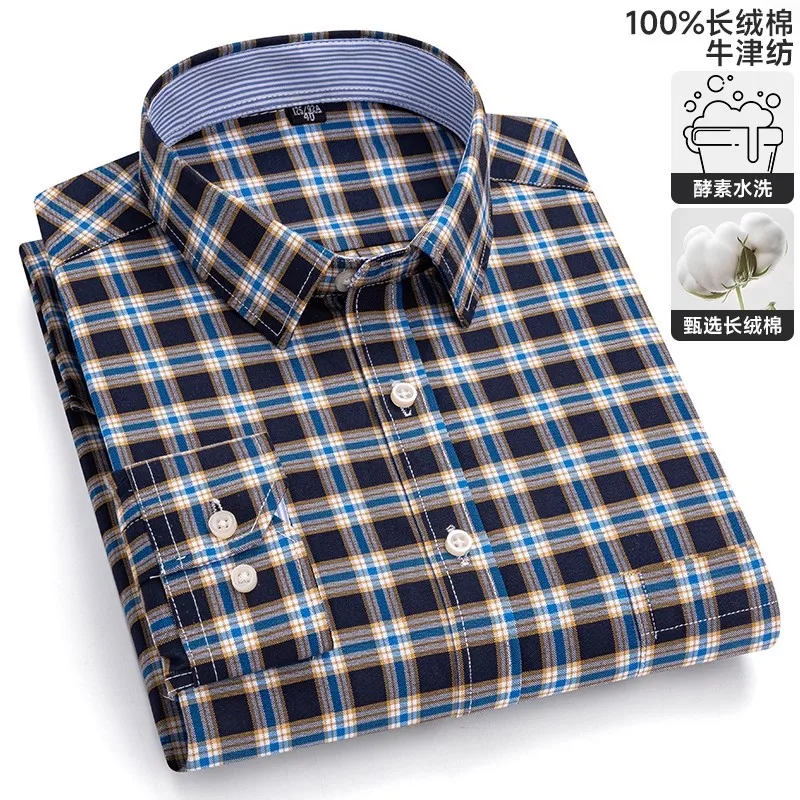 

100% Cotton Oxford Plus Size Man Shirts Long Sleeve Business Casual Formal Classic Striped Plaid Shirt Men Long Sleeve Slim Fit