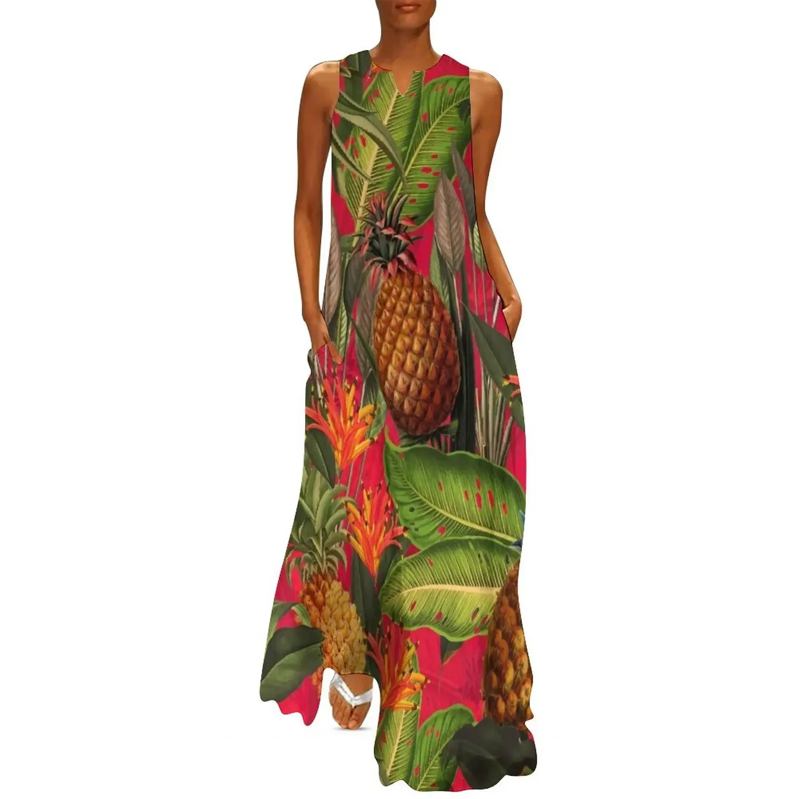 

Vintage Tropical Fruit Pineapple Jungle pink Long Dress elegant chic wedding evening dresses loose summer dress Dress