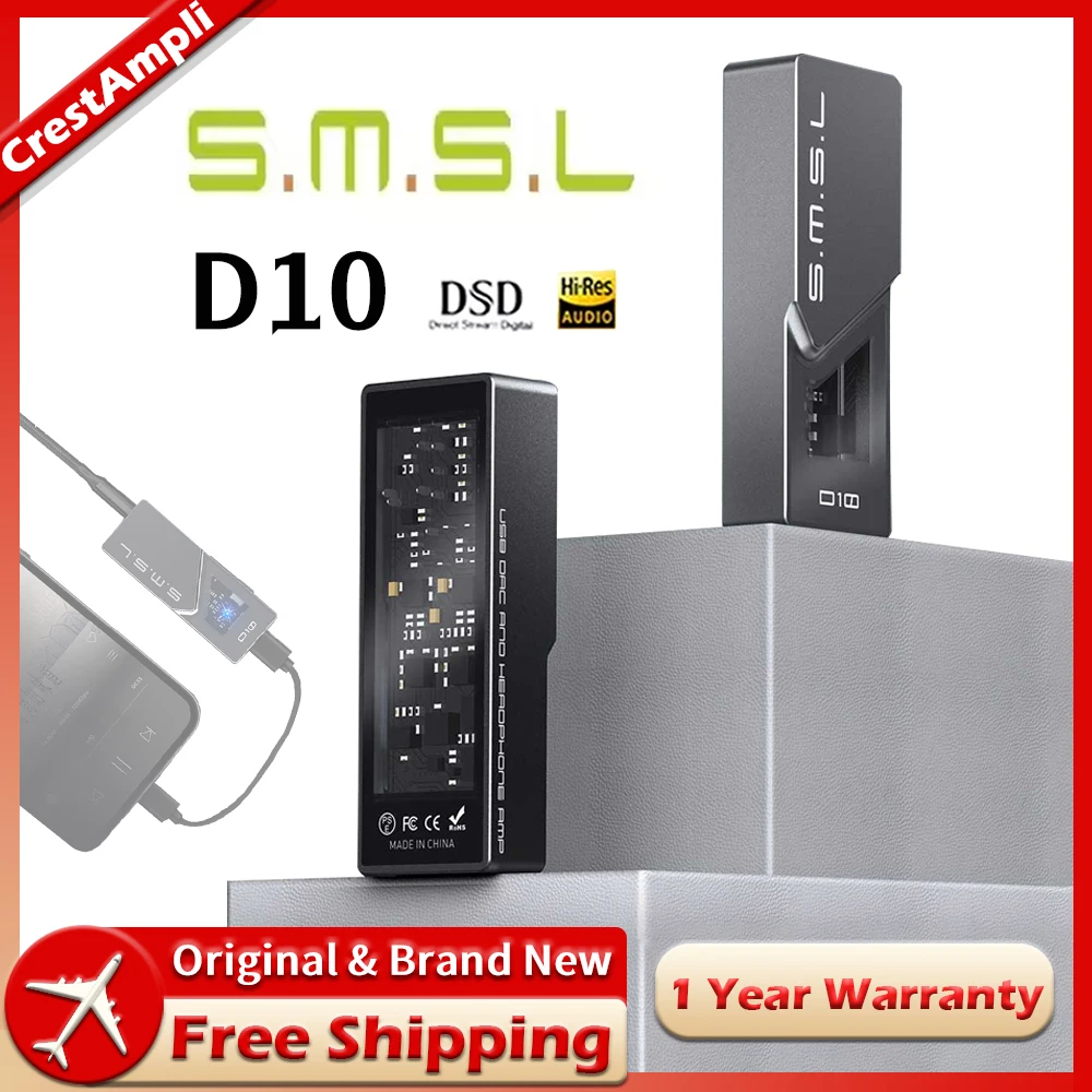 

SMSL D10 Portable USB Headphone Amplifier DAC Chip 2*CS43131 3.5mm 4.4mm Balanced Dual Jack DSD256 32bit/384kHz 500mW 121dB