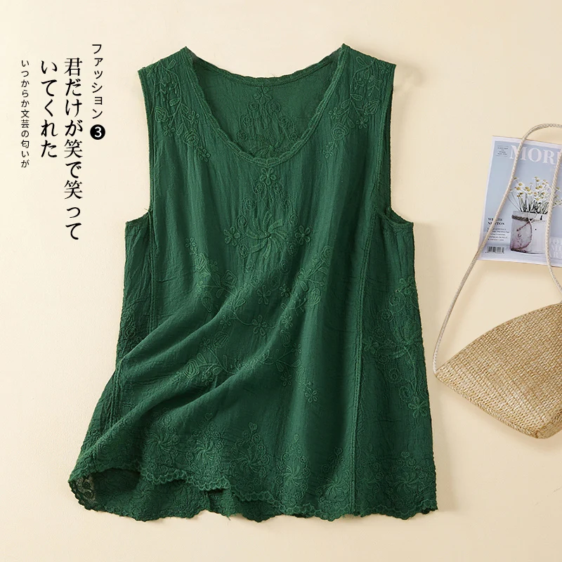 Women's Sleeveless Lace Cotton Shirts Blouses Summer Thin Sheer Embroidery Black White Green Pink Tank Top Boho Style Casual Top