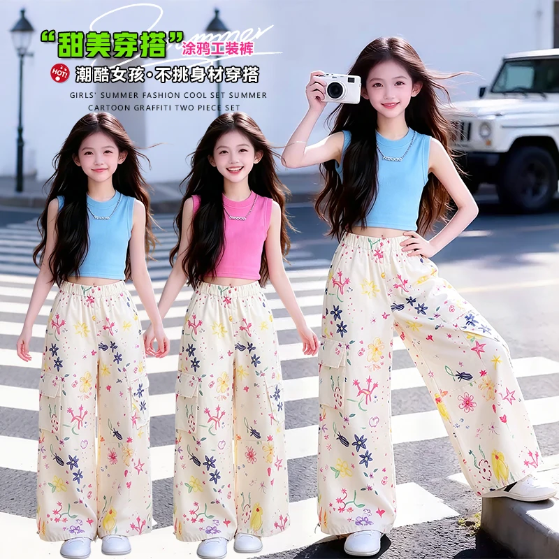 

Girls' Floral Print Cargo Pants, Elastic Waist Wide-Leg Trousers with Pockets, Adjustable Hem Casual Summer Kids Bottoms