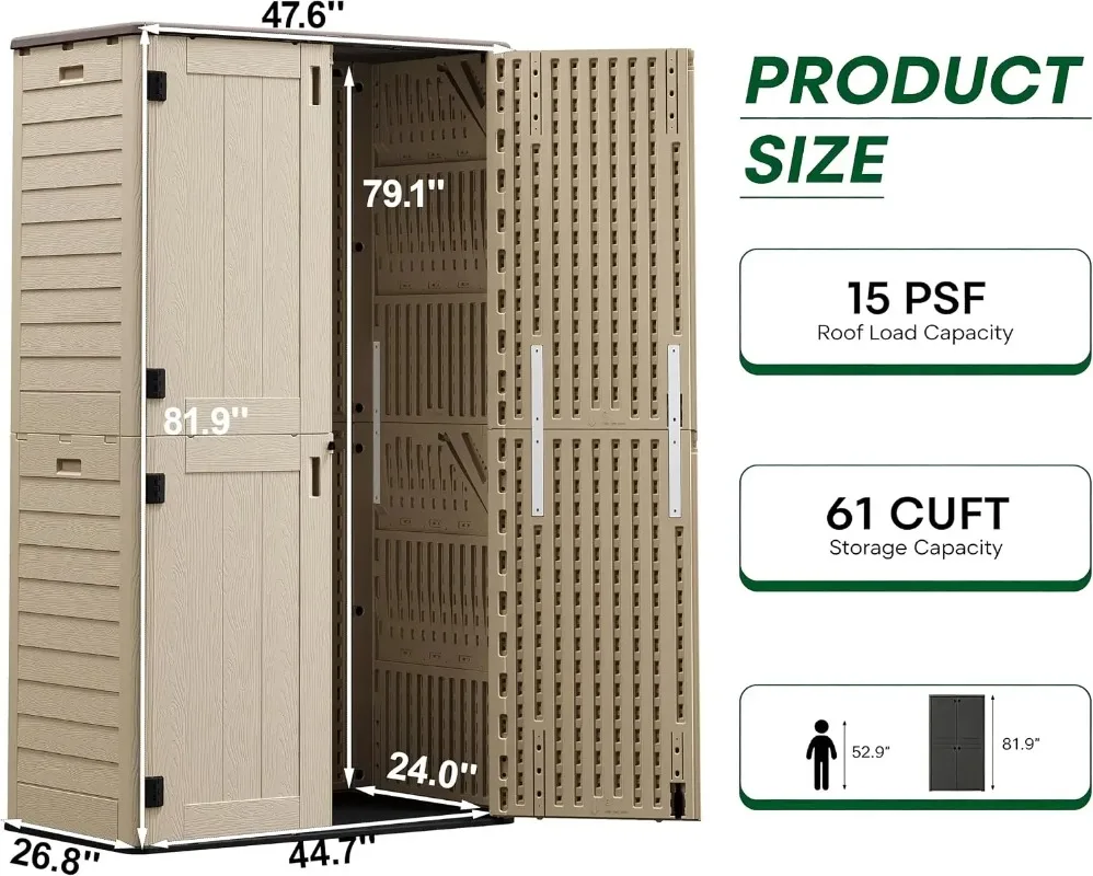 ^Tall Vertical Outdoor Storage Shed, 61 Cu Ft Waterproof Resin Storage Cabinet with Floor, All-Weather Garden Shed for Garage