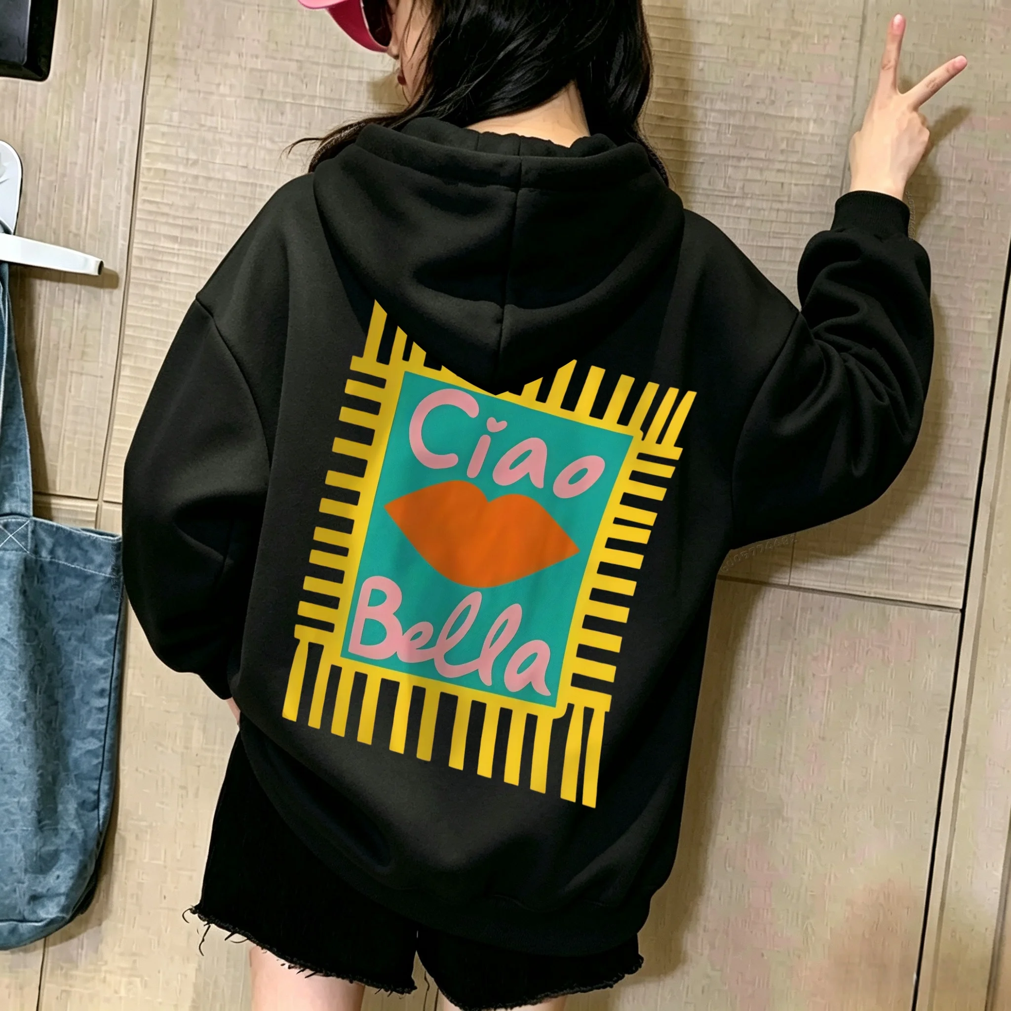Best-selling Fashion Ciao Bella Lip Pattern Printed Long-Sleeved Hooded Shirt for Children Comfortable Loose-Fitting Sweater