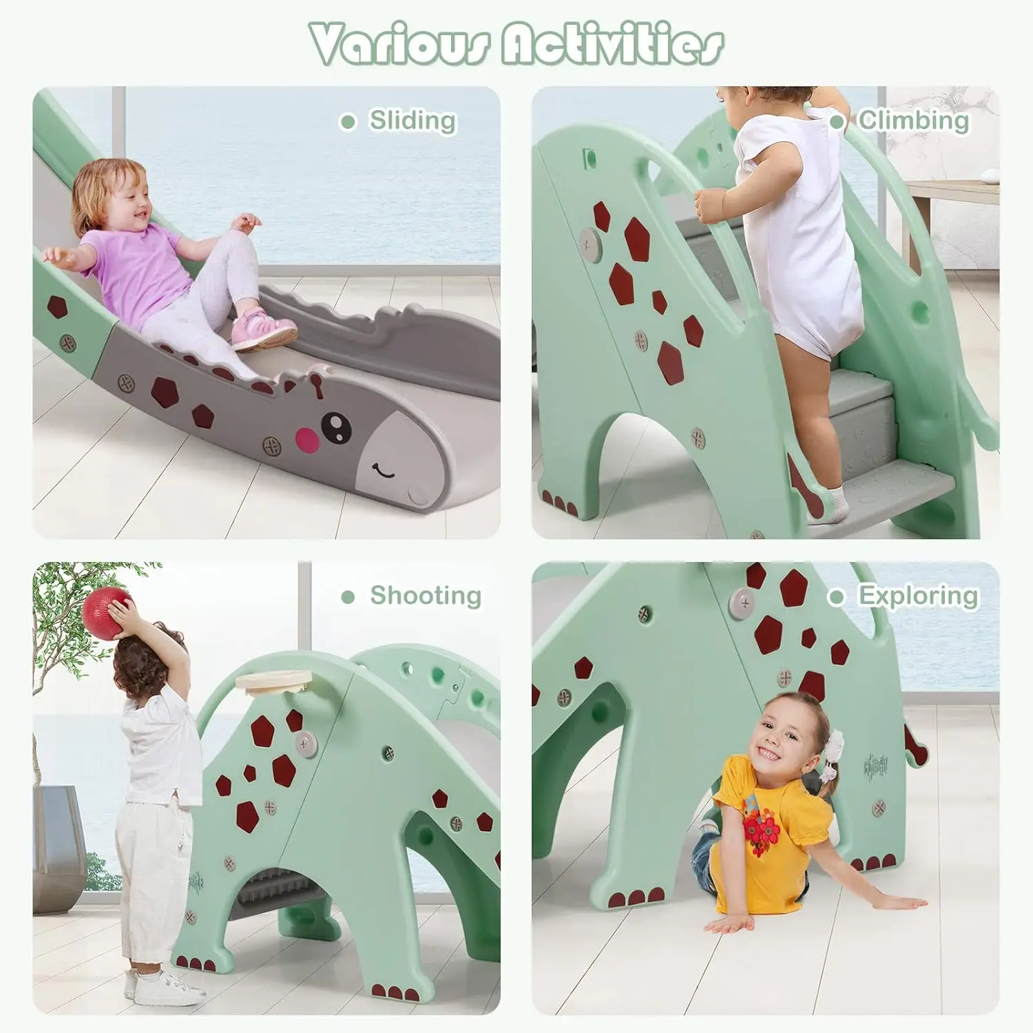 幼児用滑り台クライマーセット、バスケットボールフープ、長い滑り台、囲まれた階段付き、1～8歳のお子様向け、屋内外遊び用