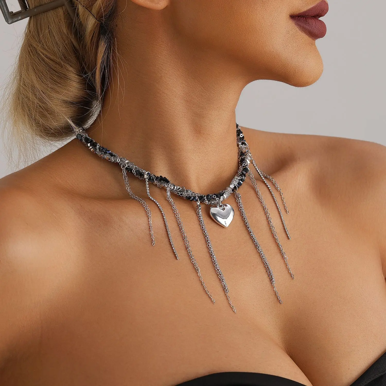 Fashion Vintage Tassels Zircon Heart Pendant Necklace For Women Female Boho Geometric Baroque Transparent Crystal Chain Jewelry
