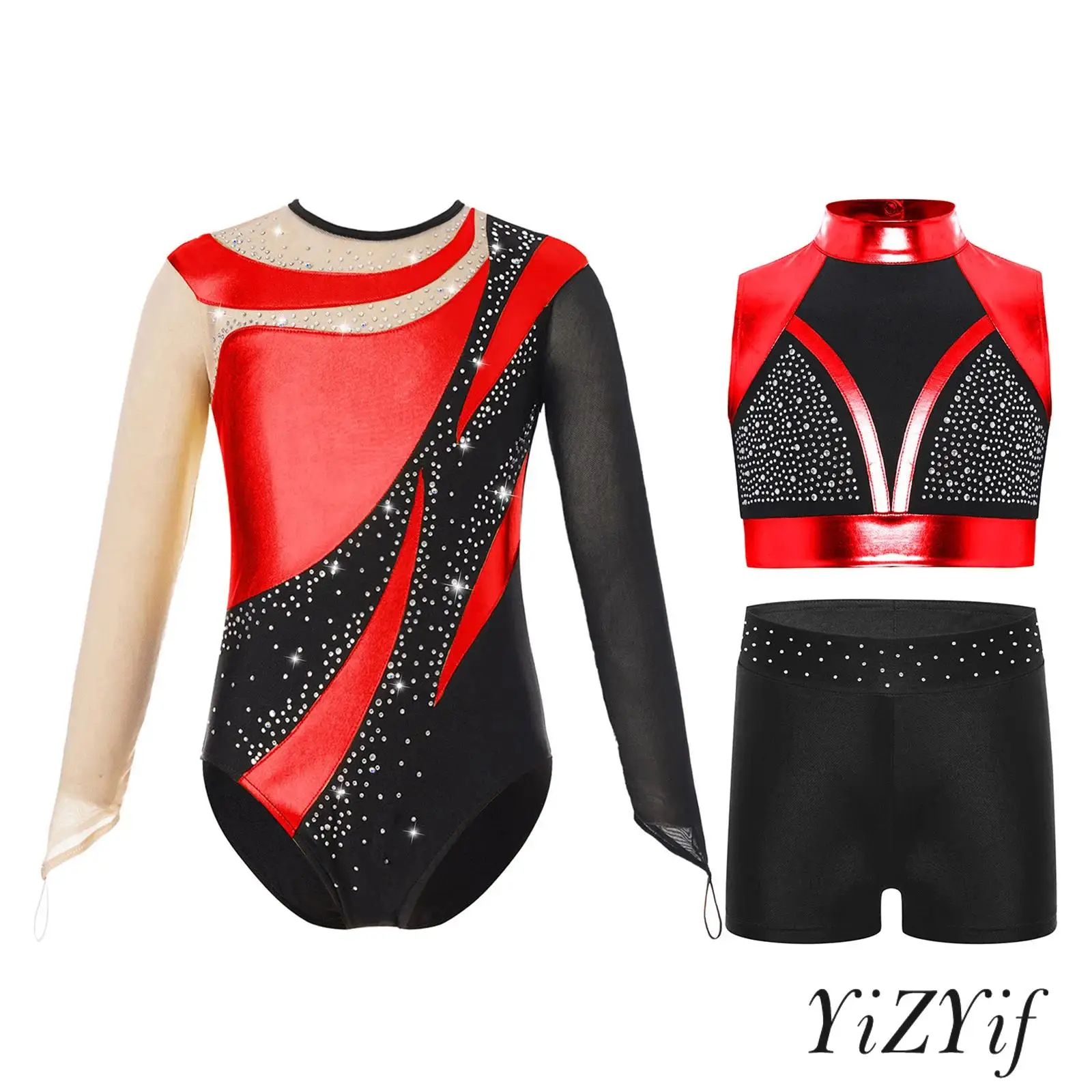 

3-Pieces Kids Girls Gymnastics Ballerina Dance Wear Mock Neck Sleeveless Color Block Metallic Crop Top with Shorts And Leotard